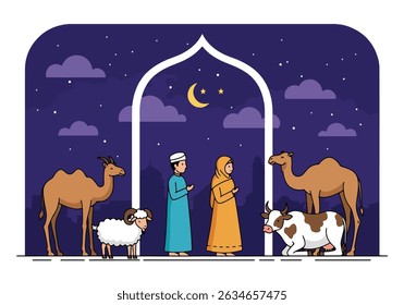 Happy Muslim family celebrates Eid al-Adha with mosque, camel, sheep, cow, and goat; vibrant flat design banner with islamic and arabic themes