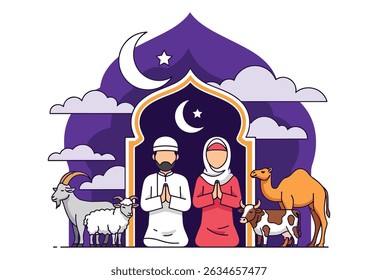 Happy Muslim family celebrates Eid al-Adha with mosque, camel, sheep, cow, and goat; vibrant flat design banner with islamic and arabic themes