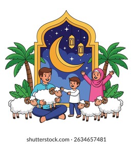 Família muçulmana feliz celebra o Eid al-Adha com mesquita, camelo, ovelha, vaca e cabra; vibrante banner de design plano com temas islâmicos e árabes