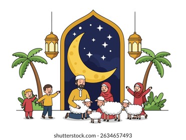 Happy Muslim family celebrates Eid al-Adha with mosque, camel, sheep, cow, and goat; vibrant flat design banner with islamic and arabic themes
