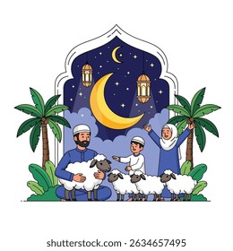 Happy Muslim family celebrates Eid al-Adha with mosque, camel, sheep, cow, and goat; vibrant flat design banner with islamic and arabic themes