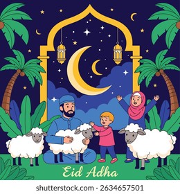 Happy Muslim family celebrates Eid al-Adha with mosque, camel, sheep, cow, and goat; vibrant flat design banner with islamic and arabic themes