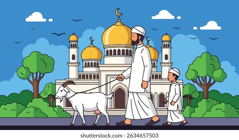 Família muçulmana feliz celebra o Eid al-Adha com mesquita, camelo, ovelha, vaca e cabra; vibrante banner de design plano com temas islâmicos e árabes