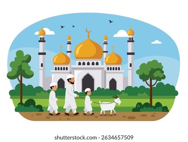 Happy Muslim family celebrates Eid al-Adha with mosque, camel, sheep, cow, and goat; vibrant flat design banner with islamic and arabic themes