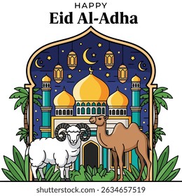 Família muçulmana feliz celebra o Eid al-Adha com mesquita, camelo, ovelha, vaca e cabra; vibrante banner de design plano com temas islâmicos e árabes