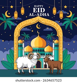 Happy Muslim family celebrates Eid al-Adha with mosque, camel, sheep, cow, and goat; vibrant flat design banner with islamic and arabic themes