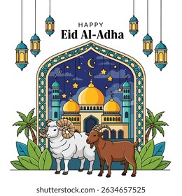 Happy Muslim family celebrates Eid al-Adha with mosque, camel, sheep, cow, and goat; vibrant flat design banner with islamic and arabic themes
