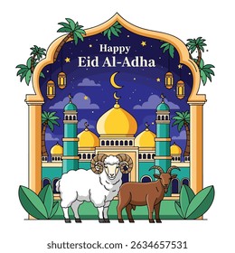 Happy Muslim family celebrates Eid al-Adha with mosque, camel, sheep, cow, and goat; vibrant flat design banner with islamic and arabic themes