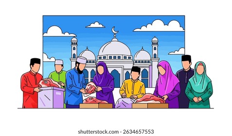 Happy Muslim family celebrates Eid al-Adha with mosque, camel, sheep, cow, and goat; vibrant flat design banner with islamic and arabic themes