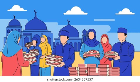 Família muçulmana feliz celebra o Eid al-Adha com mesquita, camelo, ovelha, vaca e cabra; vibrante banner de design plano com temas islâmicos e árabes
