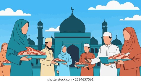 Happy Muslim family celebrates Eid al-Adha with mosque, camel, sheep, cow, and goat; vibrant flat design banner with islamic and arabic themes