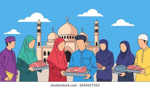 Happy Muslim family celebrates Eid al-Adha with mosque, camel, sheep, cow, and goat; vibrant flat design banner with islamic and arabic themes