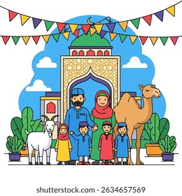 Happy Muslim family celebrates Eid al-Adha with mosque, camel, sheep, cow, and goat; vibrant flat design banner with islamic and arabic themes
