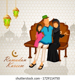 Happy Muslim family celebrating Eid holiday on Ramadan in vector
