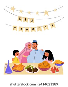 Happy muslim family celebrating eid al fitr. There is pilaf, lamb, pasties, fruits, watermelon on the table, and decorations on the wall. Vector illustration.