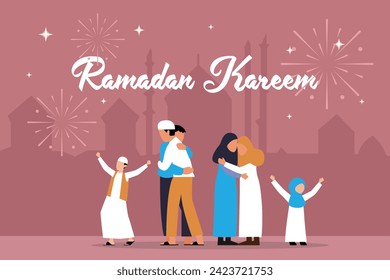 Happy muslim family celebrating eid mubarak with fireworks flat 2d vector illustration