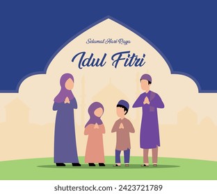 Feliz familia musulmana celebrando eid mubarak plana 2d ilustración vectorial