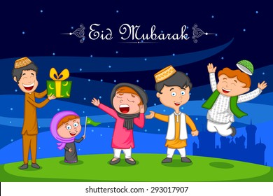 Happy muslim family celebrating Eid with gift in vector