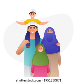 Happy Muslim Family Character On White Background.