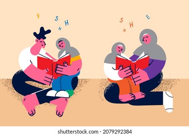 Happy muslim family with children rest on weekend study learn together. Smiling Islamic parents with kids read books. Education concept. Multicultural society. Vector illustration, cartoon character. 