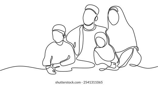 Happy Muslim Family. Continuous One Line Drawing Representing Family Unity in Minimalist Hand-Drawn Style.