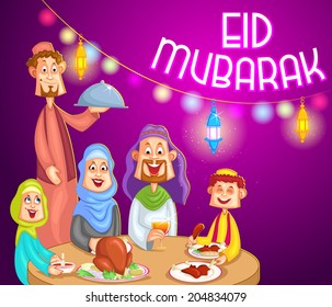 Happy muslim family enjoying iftar for Eid celebration in vector