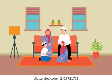 Happy muslim family gathering at home flat 2d vector illustration