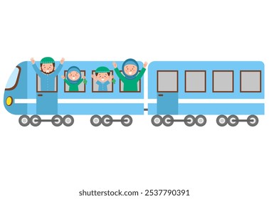 Feliz familia musulmana regresa a su ciudad natal en tren durante Eid