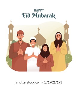 Happy muslim family greeting and celebrating Eid mubarak