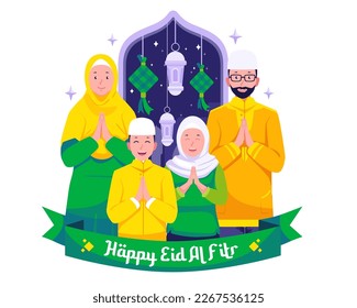 Happy Muslim Family and greeting and celebrating Eid Mubarak. Muslim people wish and greet Eid al-Fitr illustration