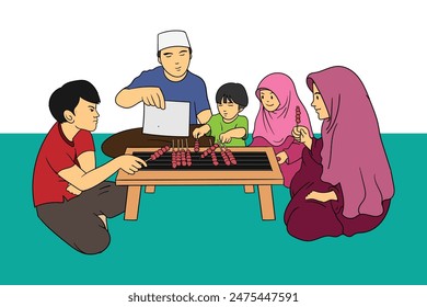 a happy muslim family grills satay of sacrificial animal meat celebrating eid al adha mubarak vector graphic illustration in simple style