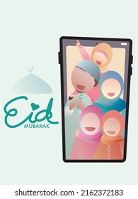 Happy Muslim family man and girls with wearing hijab blessing Eid Mubarak festival through online video call.Family love, relationship, support, communication on distance. Vector illustration.