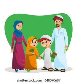 Happy Muslim Family of Parents and Children Holding Quran Book