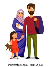Happy muslim family- parents, their daughter and baby son on holidays. Vector illustration isolated on white background