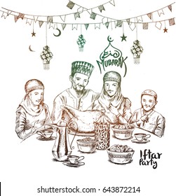 Happy Muslim family Ramadan Kareem Iftar party celebration, Hand Drawn Sketch Vector illustration.