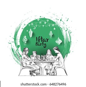 Happy Muslim family Ramadan Kareem Iftar party celebration, Hand Drawn Sketch Vector illustration.