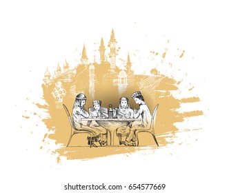 Happy Muslim family Ramadan Kareem Iftar party celebration, Hand Drawn Sketch Vector illustration.