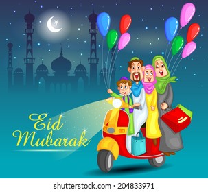 Happy muslim family ridding on scooter celebrating Eid in vector