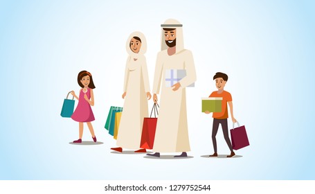 Happy Muslim Family Shopping Flat Vector Concept with Couple in Traditional Arabic Ethnic Cloth Walking with Children and Carrying Parer Packets and Gift Boxes Illustration. Family Holiday Purchases