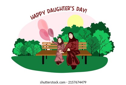 Happy Muslim family sits on a park bench in sunny weather with balloons. Family, mothers, childrens, fathers, sons, daughters, siblings day celebration conceptual vector design.