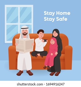 Happy Muslim Family Sitting Together Stay in Home Cartoon Illustration