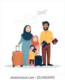 Happy Muslim family of three holding passports posing with suitcases. Flat isolated vector illustrations on white background.