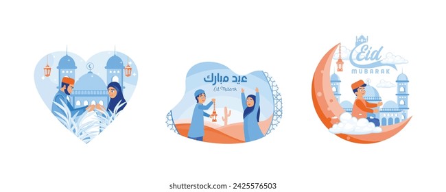 Happy Muslim family welcoming Eid al Fitr. Children welcome Eid al Fitr outside the house. Happy Eid Mubarak concept. Set flat vector illustration .