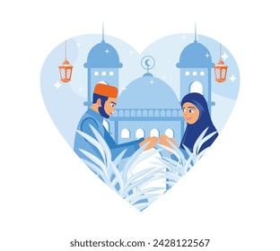  Happy Muslim family welcoming Eid al Fitr. Celebrating victory after one month of fasting. Happy Eid Mubarak concept. flat vector modern illustration 