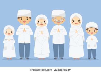 Happy Muslim family in white clothes, their hand palms joining in welcome or greeting gesture. Muslim family cartoon characters vector.