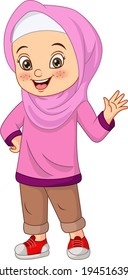 Happy Muslim Girl Cartoon Waving Hand