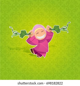 Happy Muslim Girl Celebrating Hari Raya Aidilfitri With Firecracker. Celebration Of Breaking Fast(Puasa).Vector Illustration. Maaf Zahir And Batin