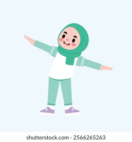 Happy Muslim Girl Child in Hijab Exercising Stretching Arms Cartoon Illustration