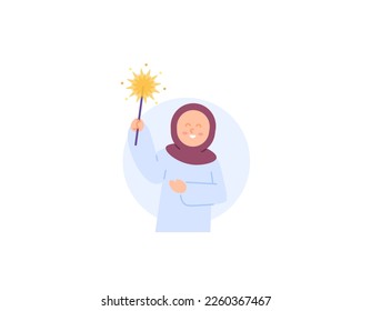 a happy Muslim girl and holding fireworks. Play and have fun. Celebrating Islamic holidays. character illustration concept design. Vector Elements for Eid Al-Fitr, Eid al-Adha, and Ramadan