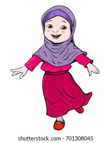Happy Muslim girl make running. Pink dress and violet Hijab. Flat cartoon style. Vector Illustration